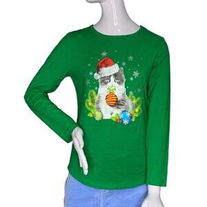 Holiday Time Christmas Kitty Print Long Sleeve Tee Green Size M